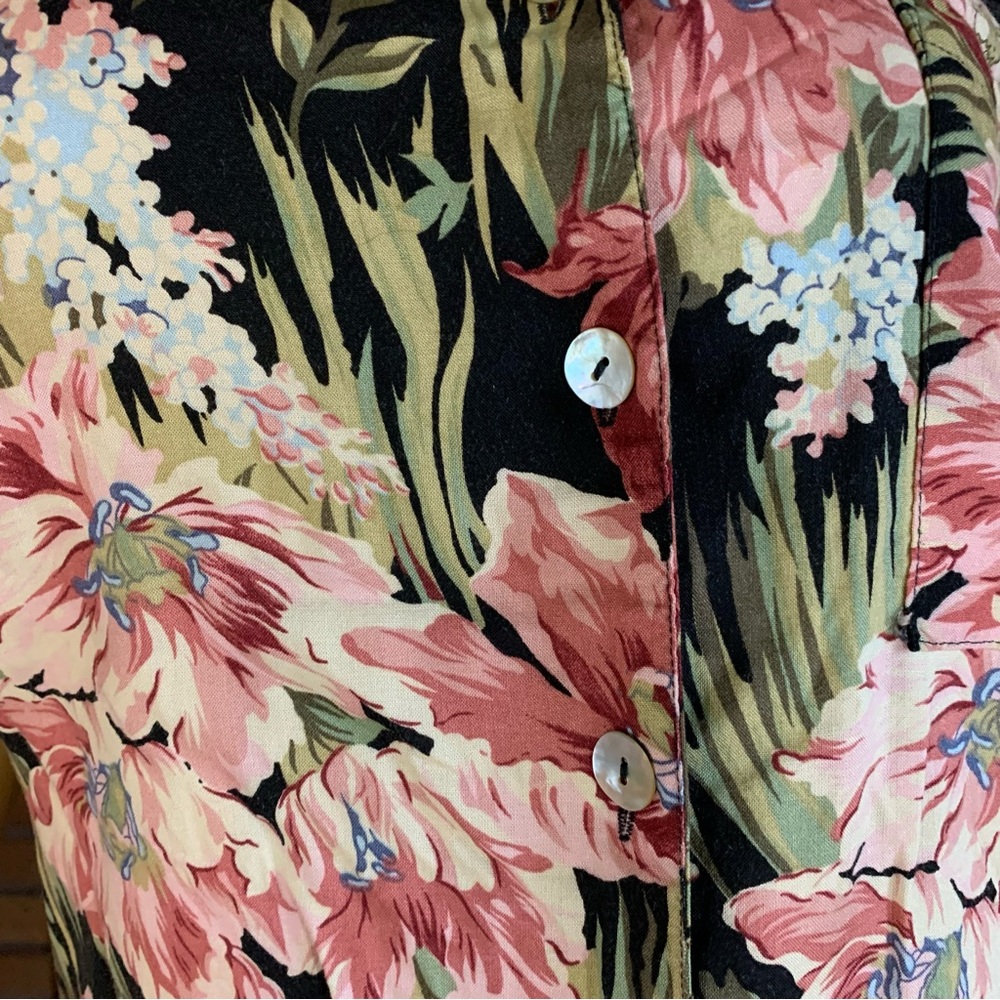 VINTAGE 1980'S PINK, BLACK & GREEN FLORAL PRINT TEDDI BLOUSE (MP) - Picture 9 of 13